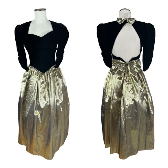 Vintage Gunne Sax Velvet Gold Lame Large Bows Princess Formal Dress Midi Sz 5/6 - Picture 1 of 10